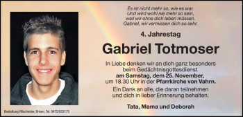 Traueranzeige von Gabriel Totmoser von Dolomiten