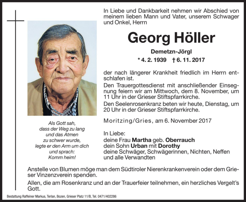  Traueranzeige für Georg Höller vom 07.11.2017 aus Dolomiten