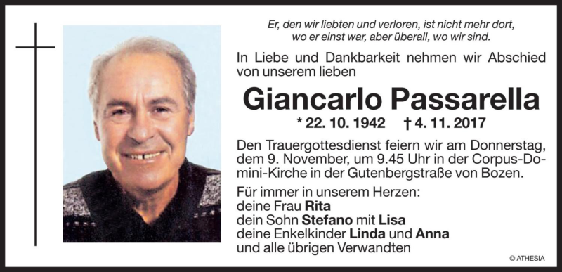  Traueranzeige für Giancarlo Passarella vom 07.11.2017 aus Dolomiten