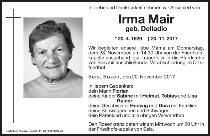  Traueranzeige für Irma Mair vom 22.11.2017 aus Dolomiten