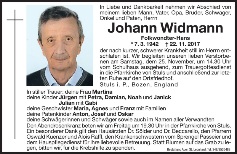  Traueranzeige für Johann Widmann vom 24.11.2017 aus Dolomiten