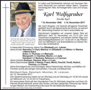 Traueranzeigen von Karl Wolfsgruber Trauer.bz