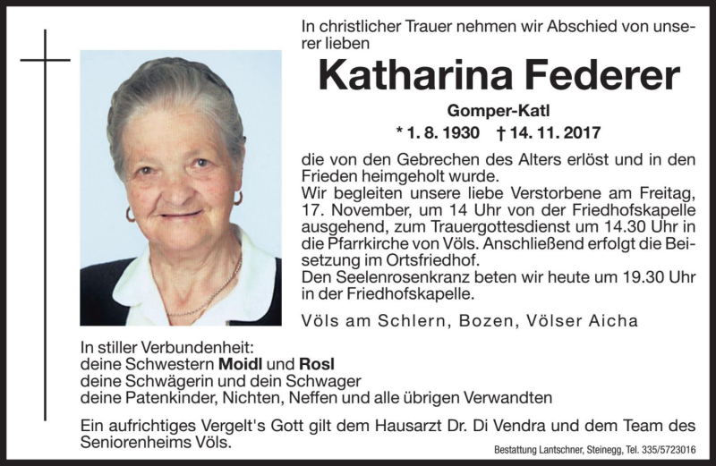 Traueranzeigen von Katharina Federer | Trauer.bz