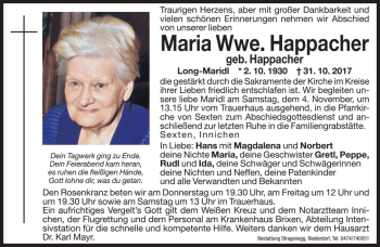 Traueranzeige von Maria Happacher von Dolomiten