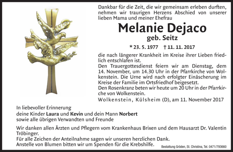 Traueranzeige für Melanie Dejaco vom 13.11.2017 aus Dolomiten