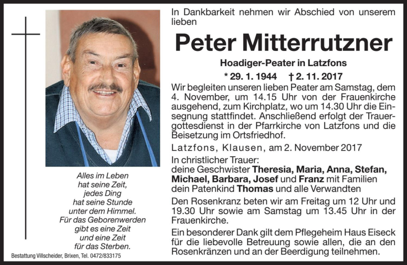  Traueranzeige für Peter Mitterrutzner vom 03.11.2017 aus Dolomiten