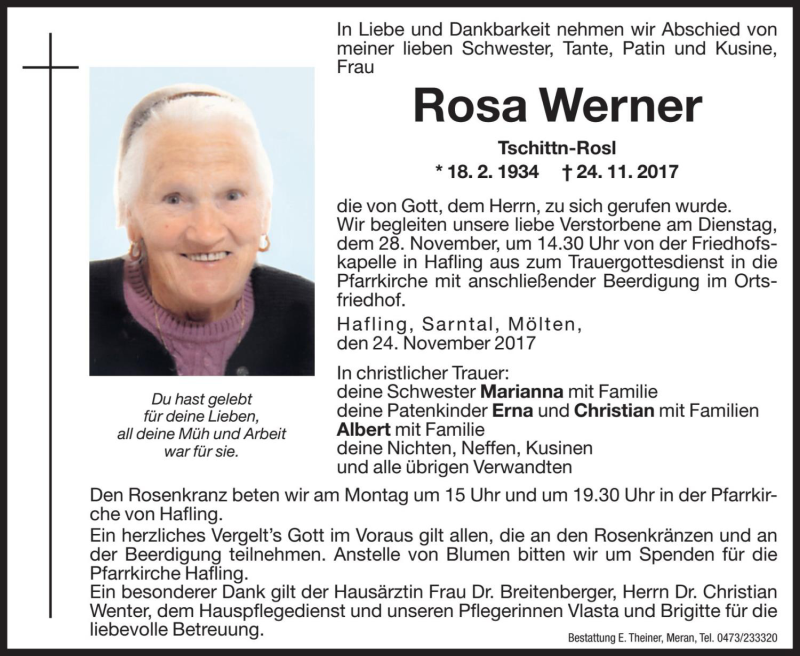  Traueranzeige für Rosa Werner vom 27.11.2017 aus Dolomiten