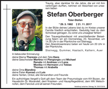 Traueranzeige von Stefan Oberberger von Dolomiten