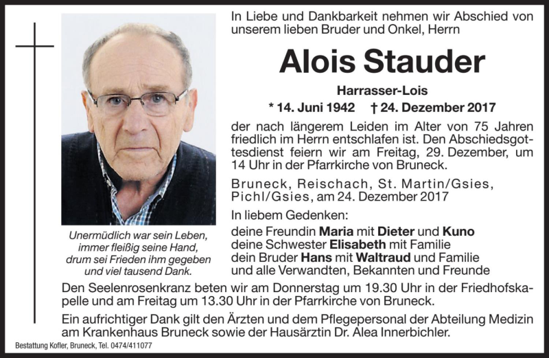  Traueranzeige für Alois Stauder vom 27.12.2017 aus Dolomiten
