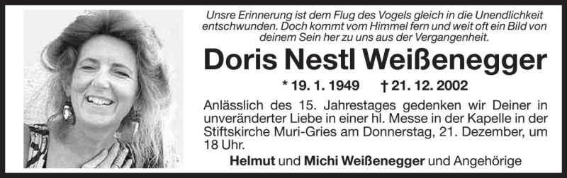  Traueranzeige für Doris Weißenegger vom 19.12.2017 aus Dolomiten