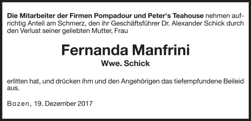  Traueranzeige für Fernanda Schick vom 19.12.2017 aus Dolomiten