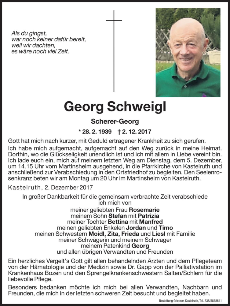  Traueranzeige für Georg Schweigl vom 04.12.2017 aus Dolomiten