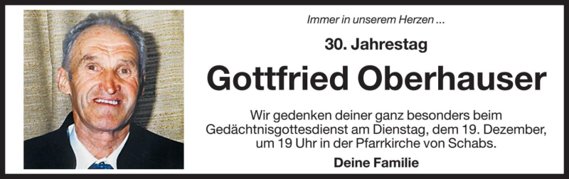 Traueranzeige für Gottfried Oberhauser vom 19.12.2017 aus Dolomiten