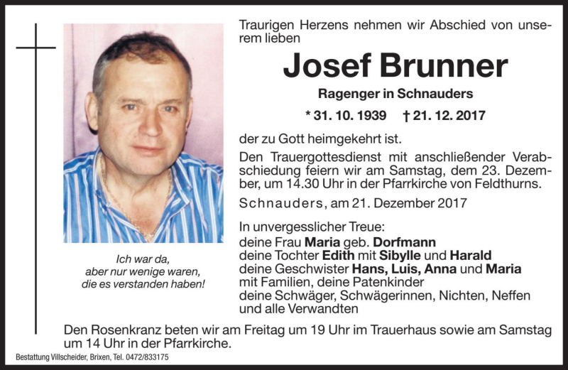  Traueranzeige für Josef Brunner vom 23.12.2017 aus Dolomiten