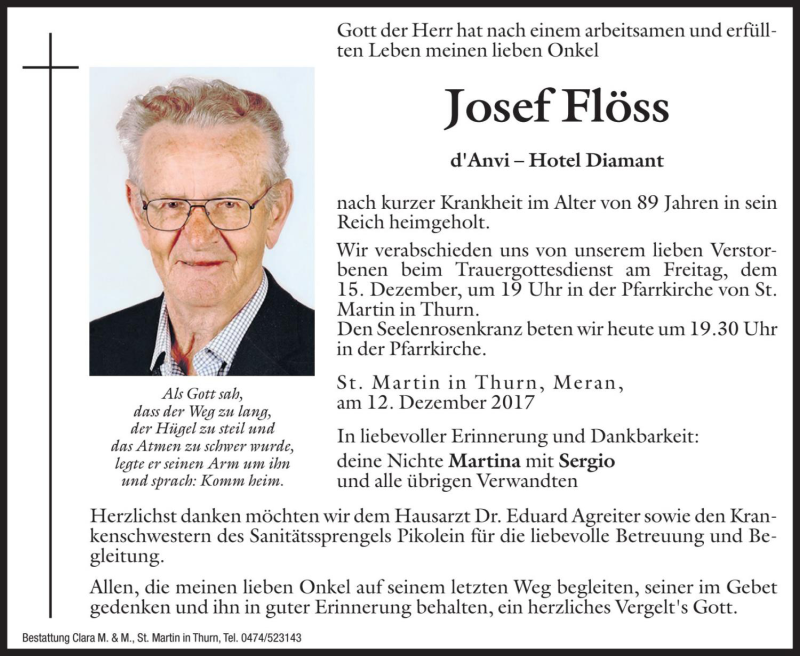  Traueranzeige für Josef Flöss vom 14.12.2017 aus Dolomiten