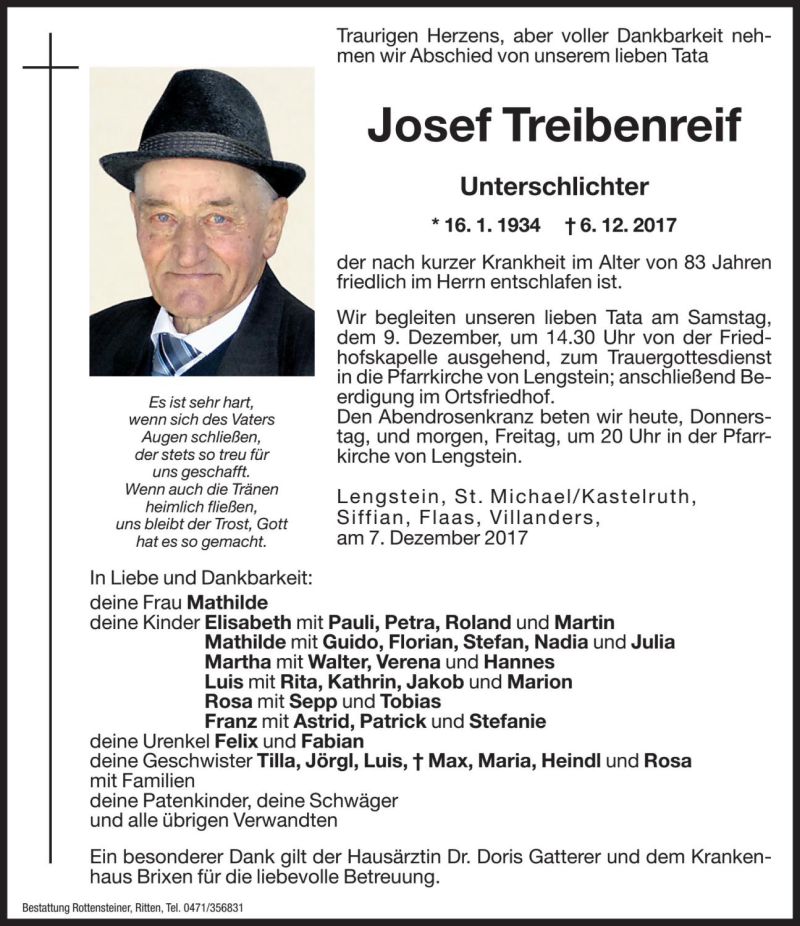  Traueranzeige für Josef Treibenreif vom 07.12.2017 aus Dolomiten