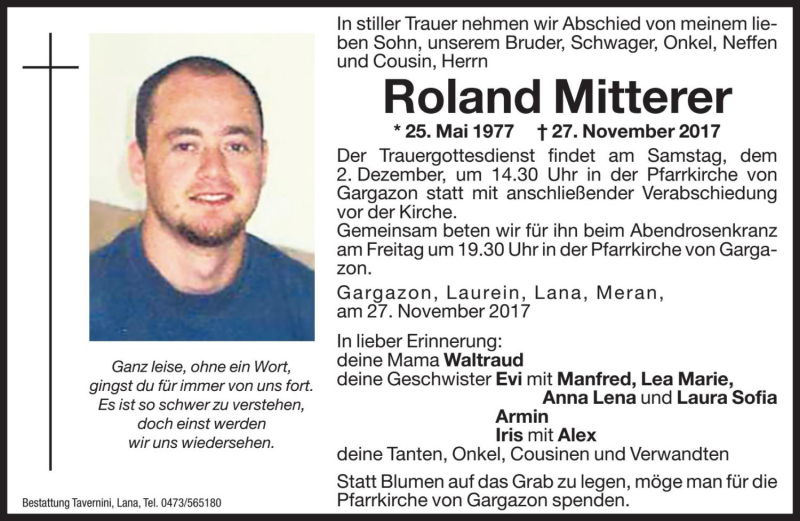  Traueranzeige für Roland Mitterer vom 01.12.2017 aus Dolomiten