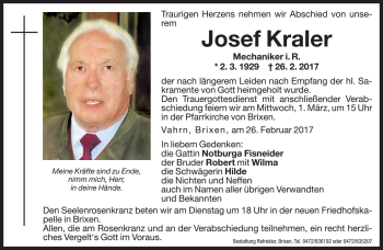 Traueranzeige von Josef Kraler von Dolomiten