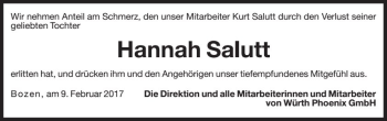 Traueranzeige von Hannah Salutt von Dolomiten