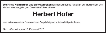 Traueranzeige von Herbert Hofer von Dolomiten