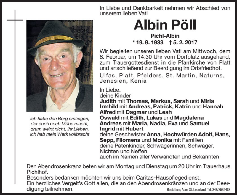  Traueranzeige für Albin Pöll vom 06.02.2017 aus Dolomiten
