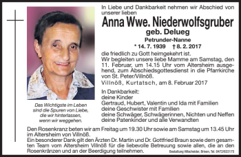 Traueranzeige von Anna  Niederwolfsgruber von Dolomiten