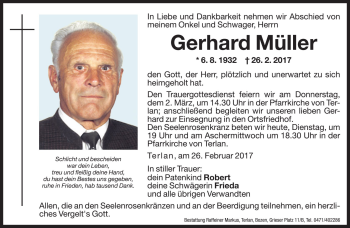 Traueranzeige von Gerhard Müller von Dolomiten