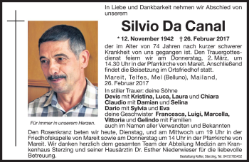 Traueranzeige von Silvio Da Canal von Dolomiten