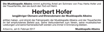 Traueranzeige von Herbert Hofer von Dolomiten