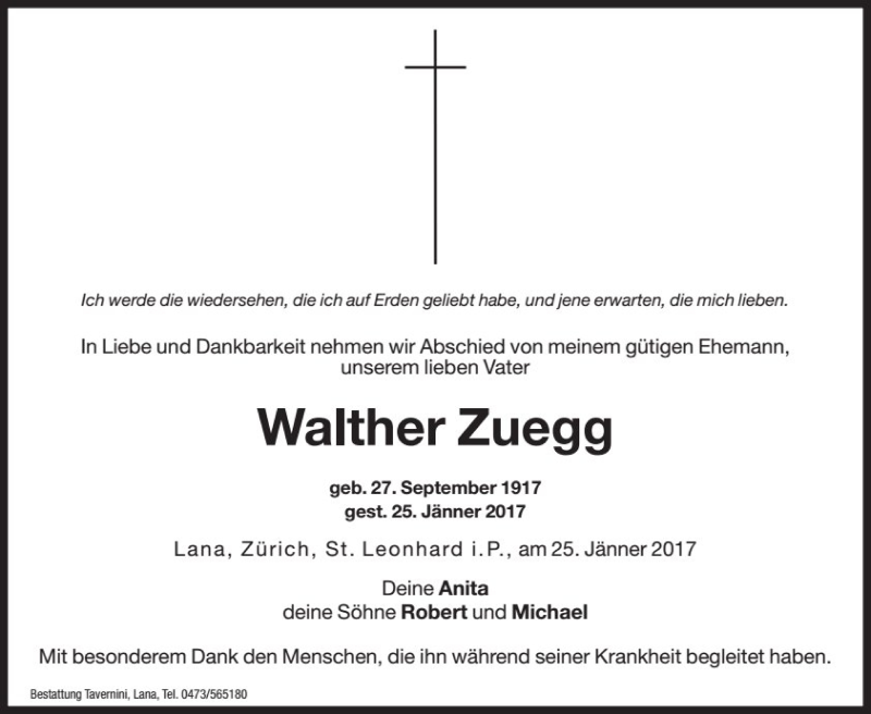  Traueranzeige für Walther Zuegg vom 01.02.2017 aus Dolomiten