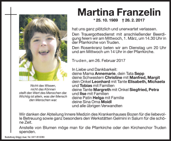 Traueranzeige von Martina Franzelin von Dolomiten