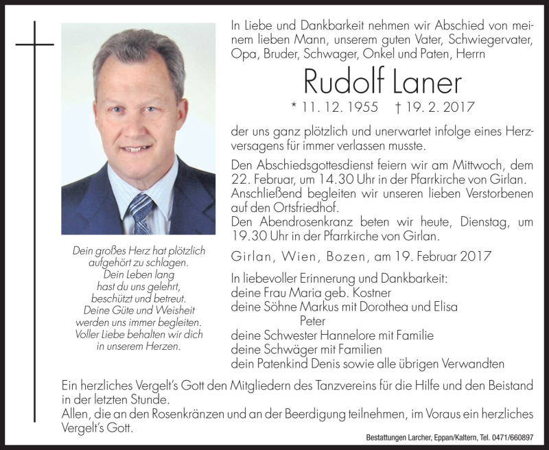  Traueranzeige für Rudolf Laner vom 21.02.2017 aus Dolomiten