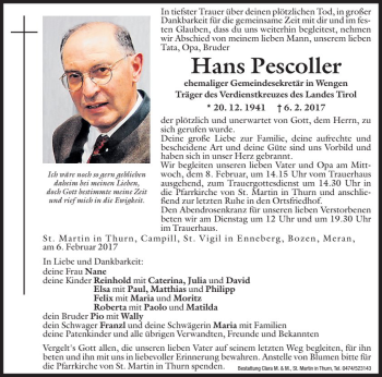 Traueranzeige von Hans Pescoller von Dolomiten