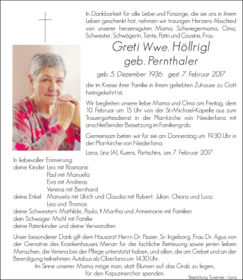 Traueranzeige von Greti Höllrigl von Dolomiten