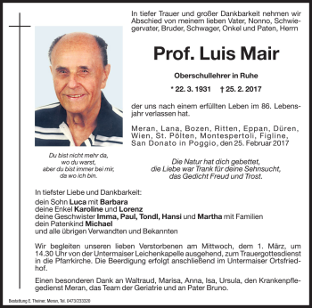 Traueranzeige von Luis Mair von Dolomiten