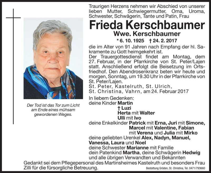  Traueranzeige für Frieda Kerschbaumer vom 25.02.2017 aus Dolomiten