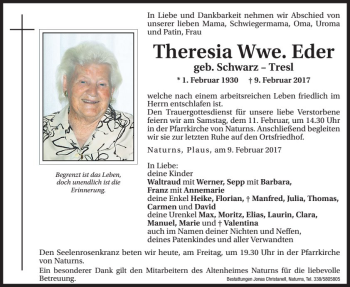 Traueranzeige von Theresia Eder von Dolomiten