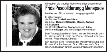 Traueranzeige von Frida Menapace von Dolomiten