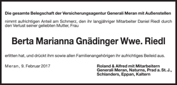 Traueranzeige von Berta Marianna  Riedl von Dolomiten