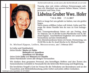 Traueranzeige von Lidwina Hofer von Dolomiten