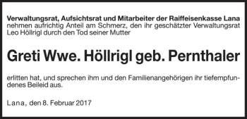 Traueranzeige von Greti Höllrigl von Dolomiten