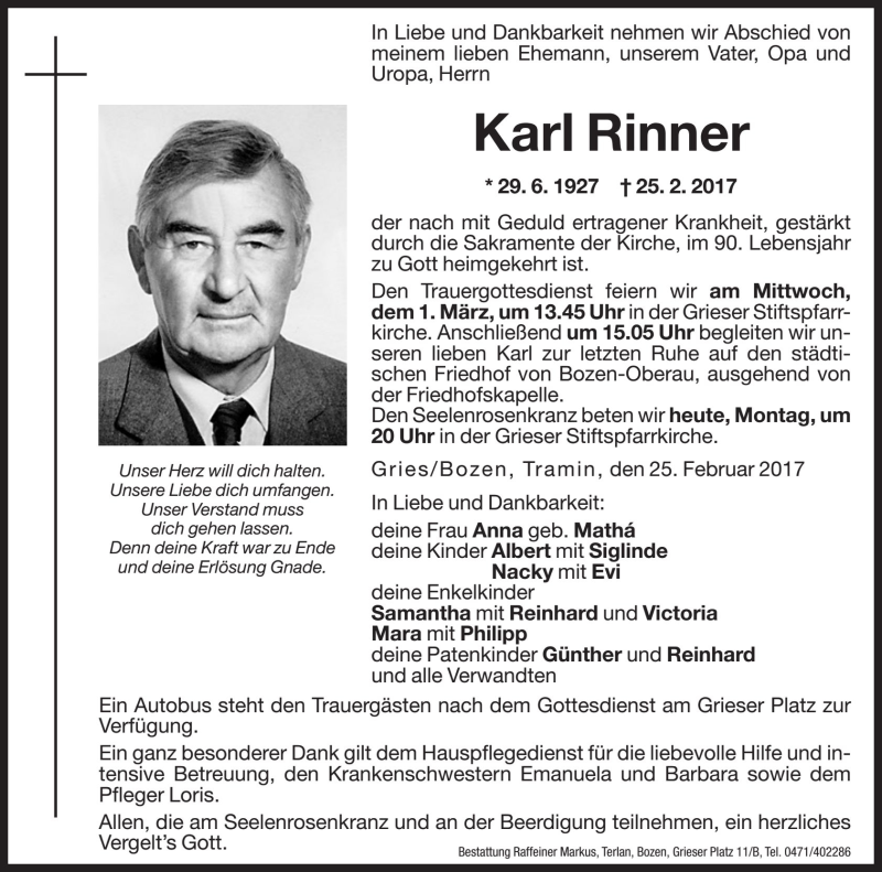 Traueranzeige für Karl Rinner vom 27.02.2017 aus Dolomiten