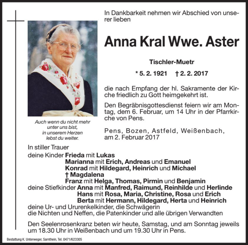  Traueranzeige für Anna Aster vom 04.02.2017 aus Dolomiten