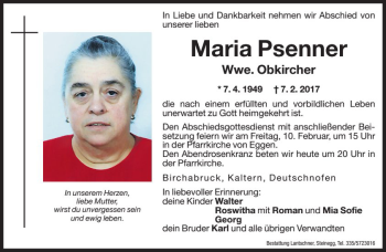 Traueranzeige von Maria Obkircher von Dolomiten
