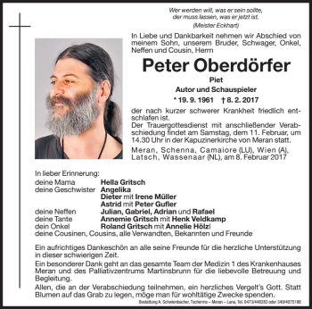 Traueranzeige von Peter Oberdörfer von Dolomiten