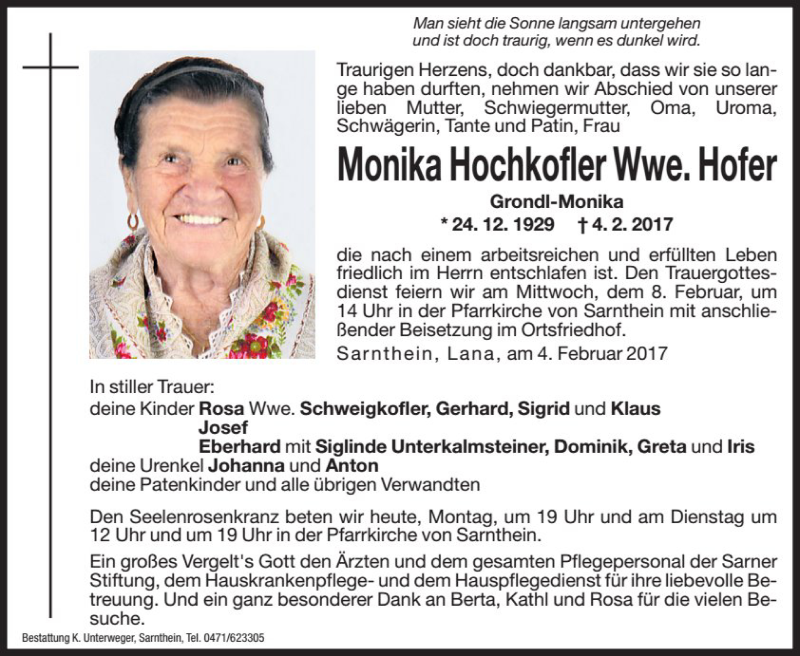  Traueranzeige für Monika Hofer vom 06.02.2017 aus Dolomiten