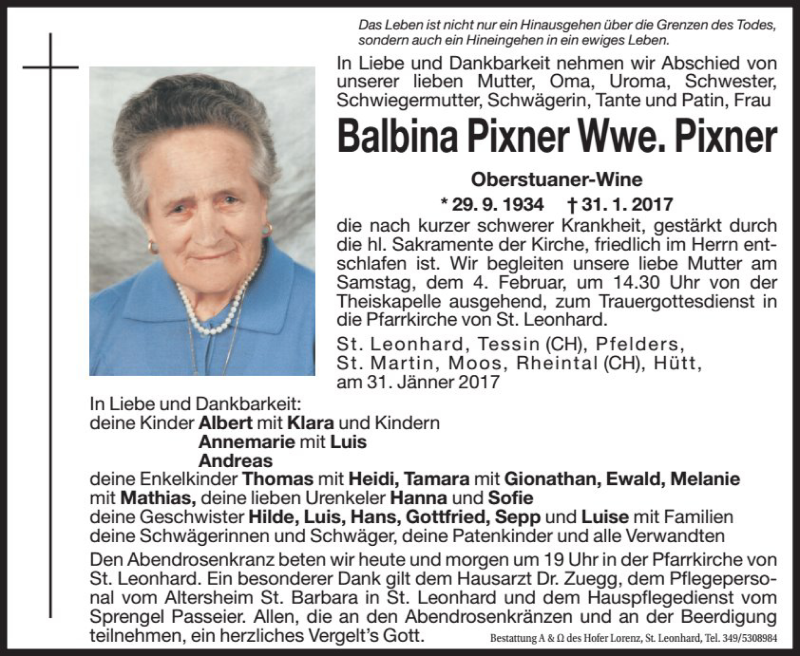  Traueranzeige für Balbina  Pixner vom 02.02.2017 aus Dolomiten