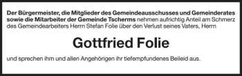 Traueranzeige von Gottfried Folie von Dolomiten