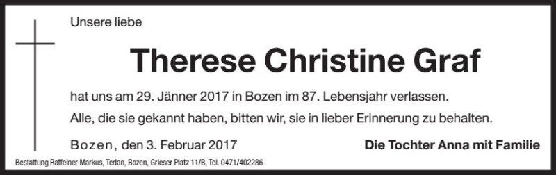  Traueranzeige für Therese Christine Graf vom 03.02.2017 aus Dolomiten