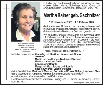 Traueranzeige von Martha Rainer von Dolomiten